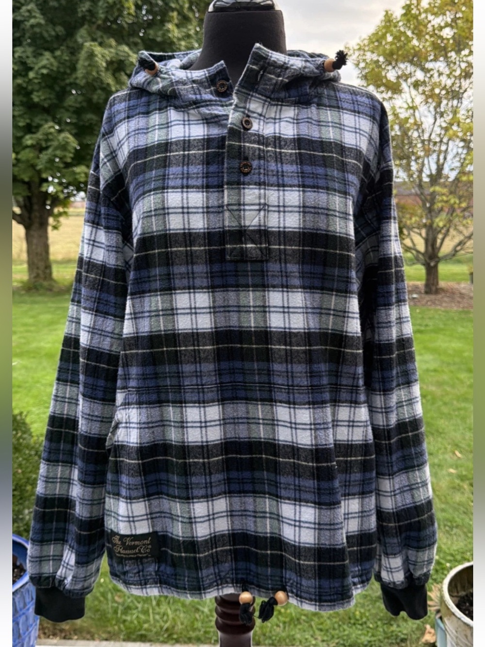Vermont Flannel Hooded Flannel Pullover Blue Campbell Plaid Size XS